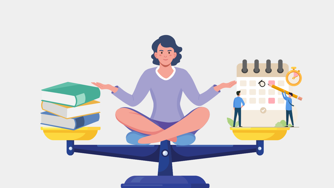 Person sitting on scales balancing work and study