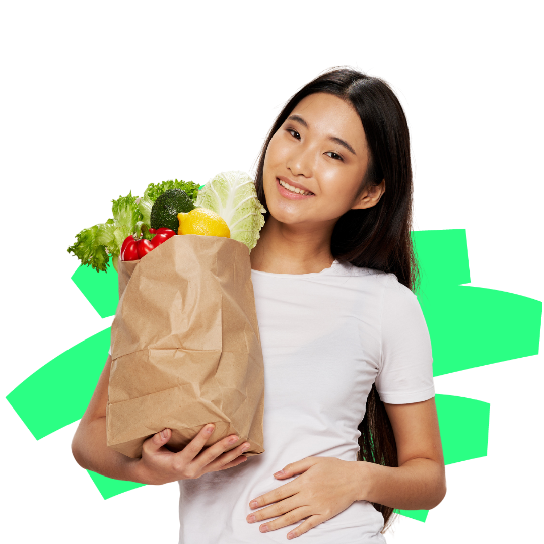 A woman in an apron is holding cleaning supplies