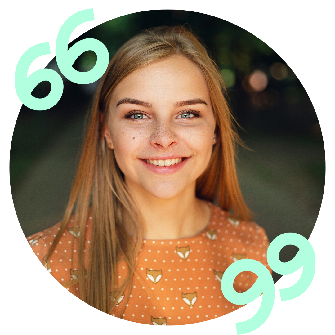 A woman is smiling in a circle with the numbers 66 and 99 around her