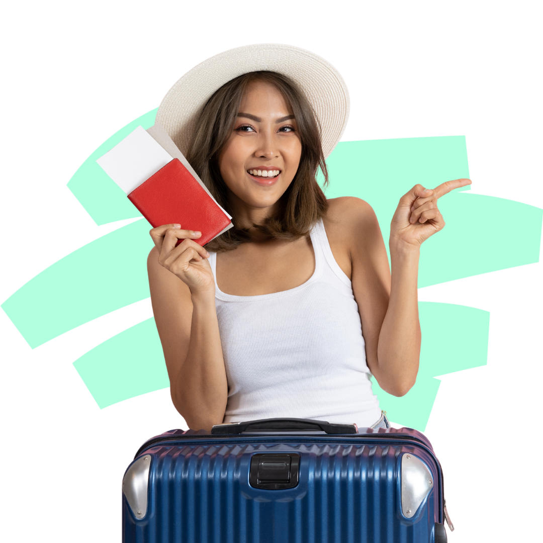 A woman is sitting on a suitcase holding a passport and pointing.