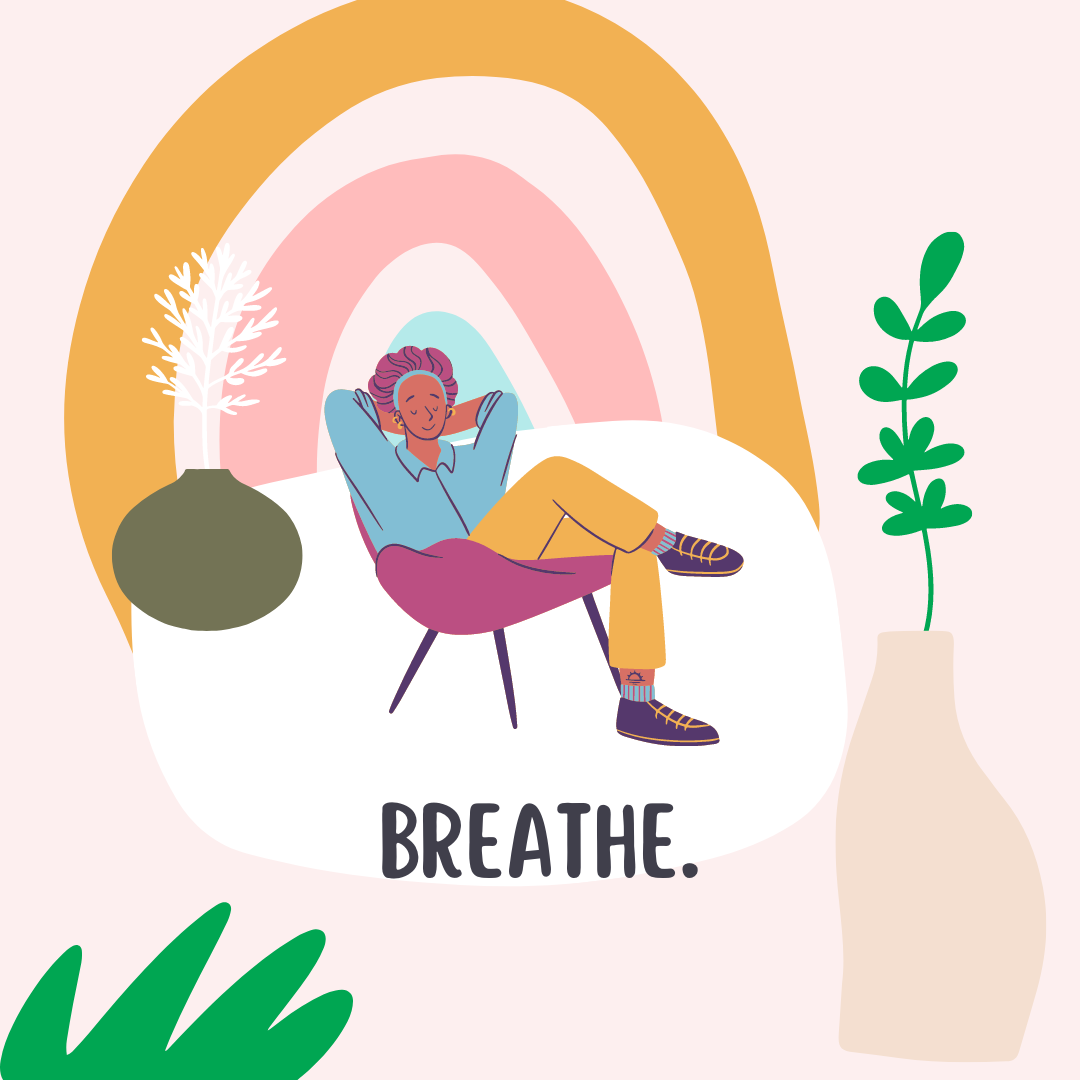 A woman is sitting in a chair under a rainbow with the words breathe.