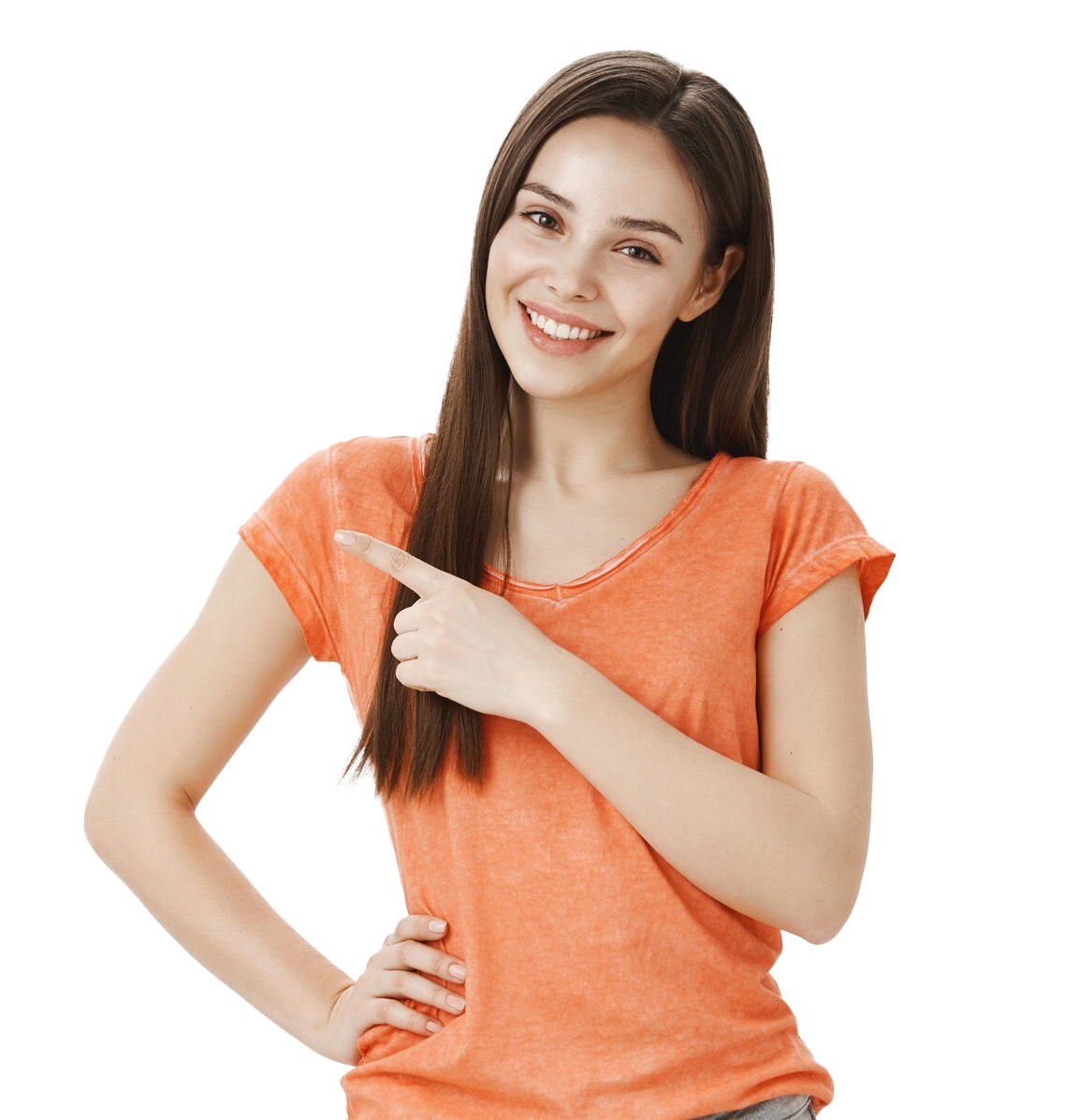 A woman in an orange shirt is pointing at something