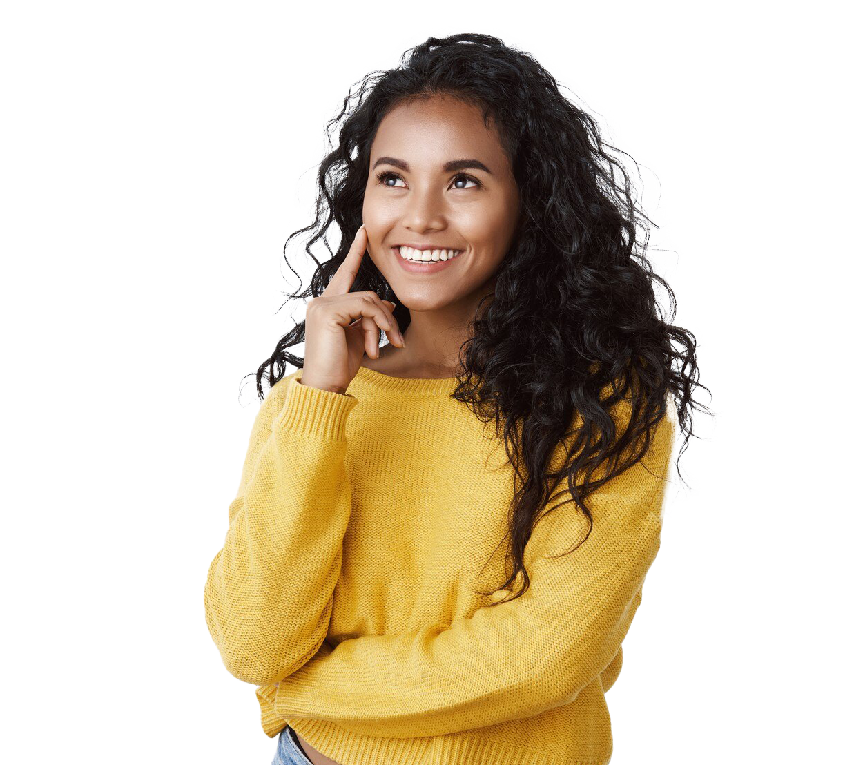 A woman in a yellow sweater is smiling and looking up.