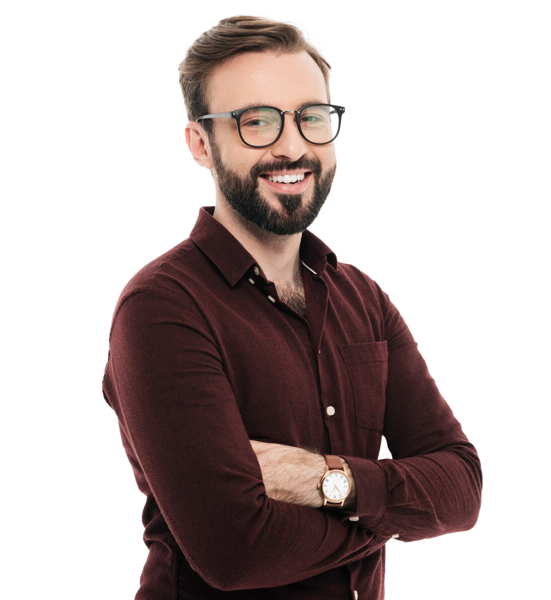 A man with glasses and a beard is standing with his arms crossed