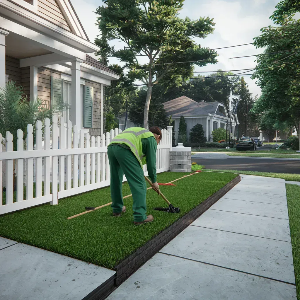Worker trimming grass along a sidewalk beside a white picket fence in a suburban yard