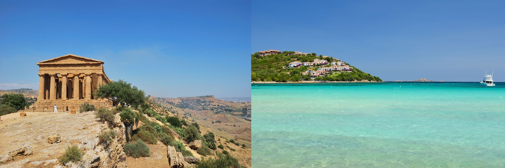 Greek temple Agrigento Sicily &turquoise beach Costa Smeralda,Sardinia, showing island contrasts