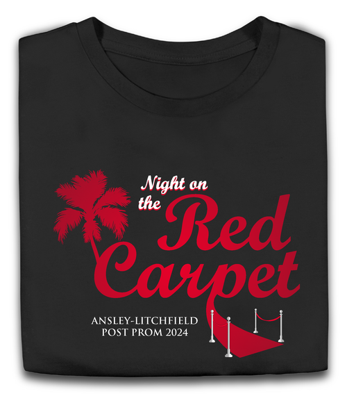 A black t-shirt that says night on the red carpet