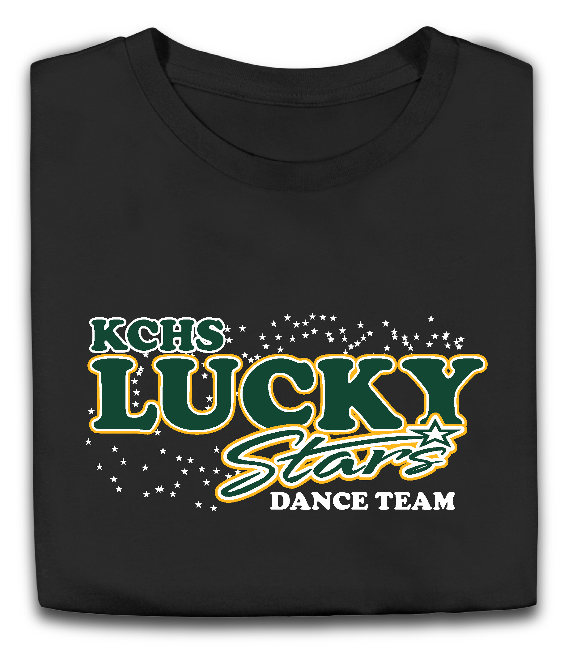 A black shirt that says kchs lucky stars dance team