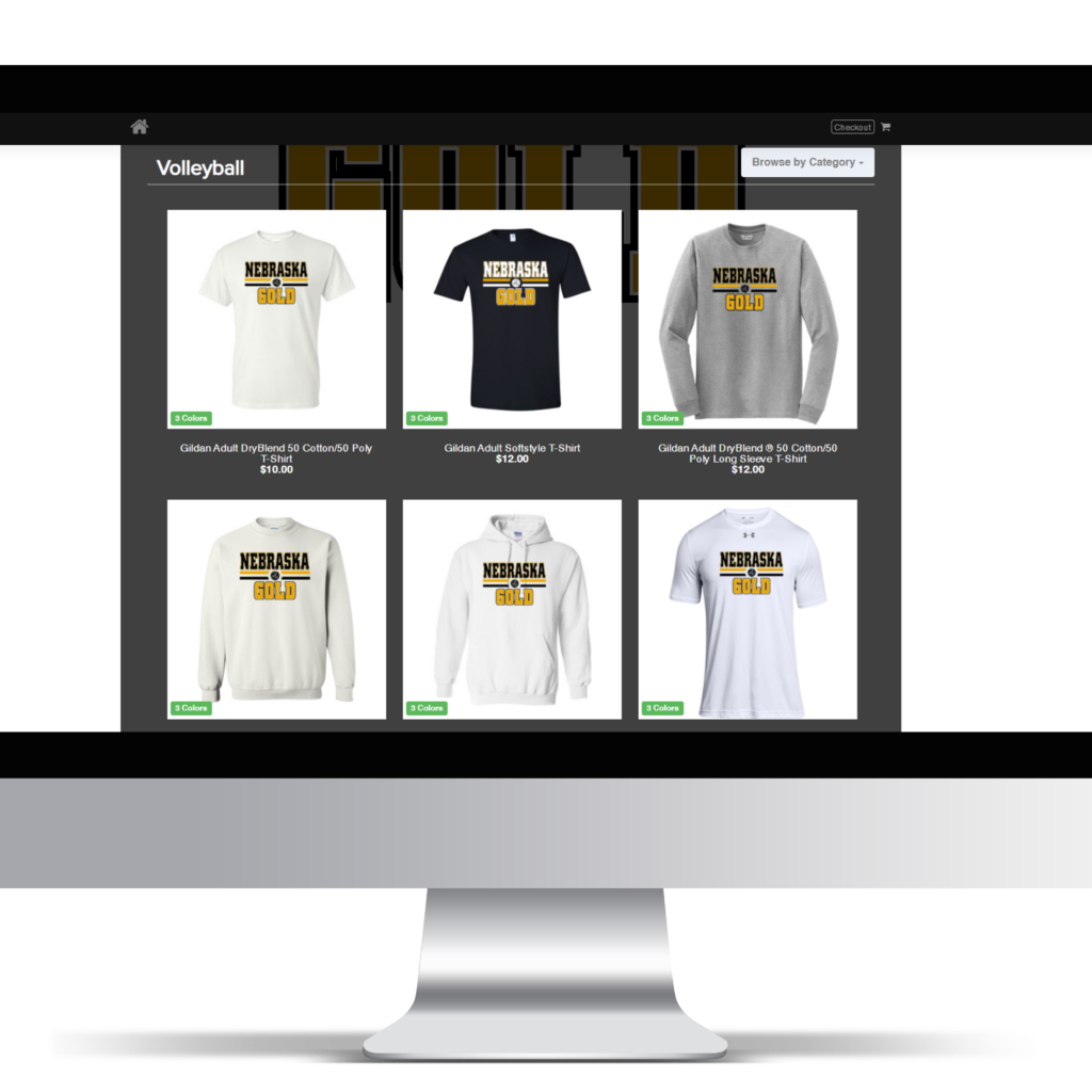 A computer monitor displaying various shirts with virginia gold on them