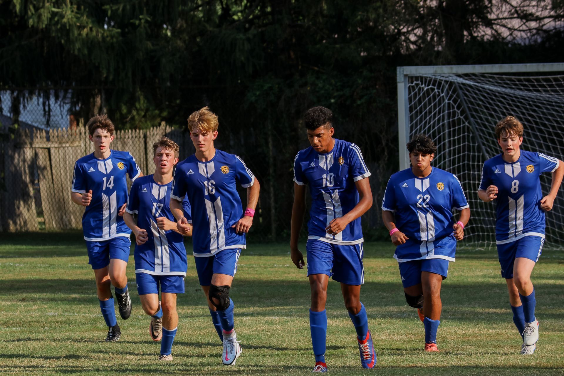 Soccer players in blue uniforms walk onto a grassy field near a goal during practice.