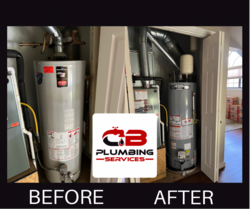 a picture of a water heater before and after being installed by cb plumbing services