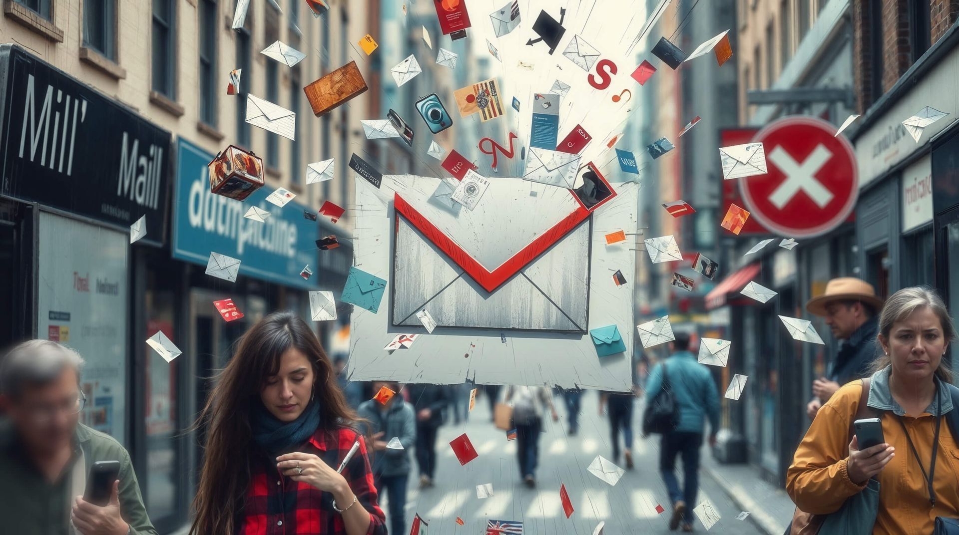 A woman is walking down a street with envelopes flying in the air.