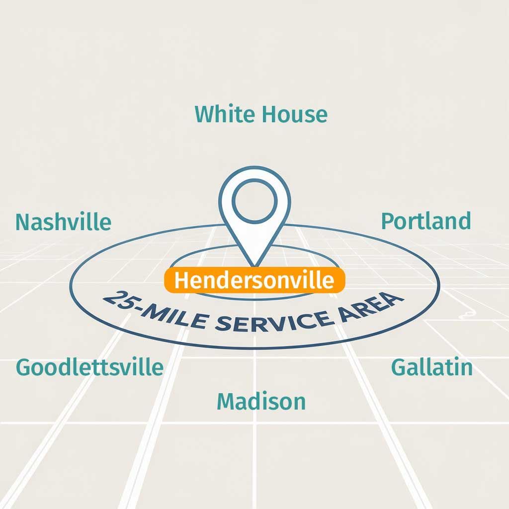 Map showing Hendersonville's 25-mile service area, with locations of Nashville, Portland, and more.