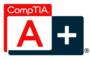 CompTIA A+ certification logo: red CompTIA logo over a large red 