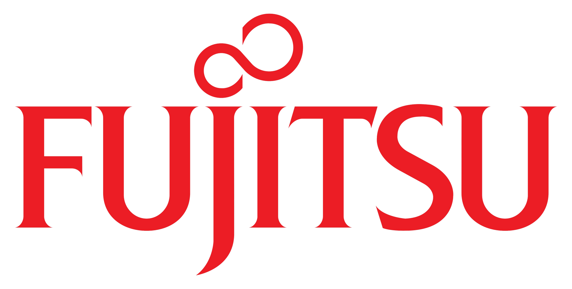 The fujitsu logo is red and white on a white background.
