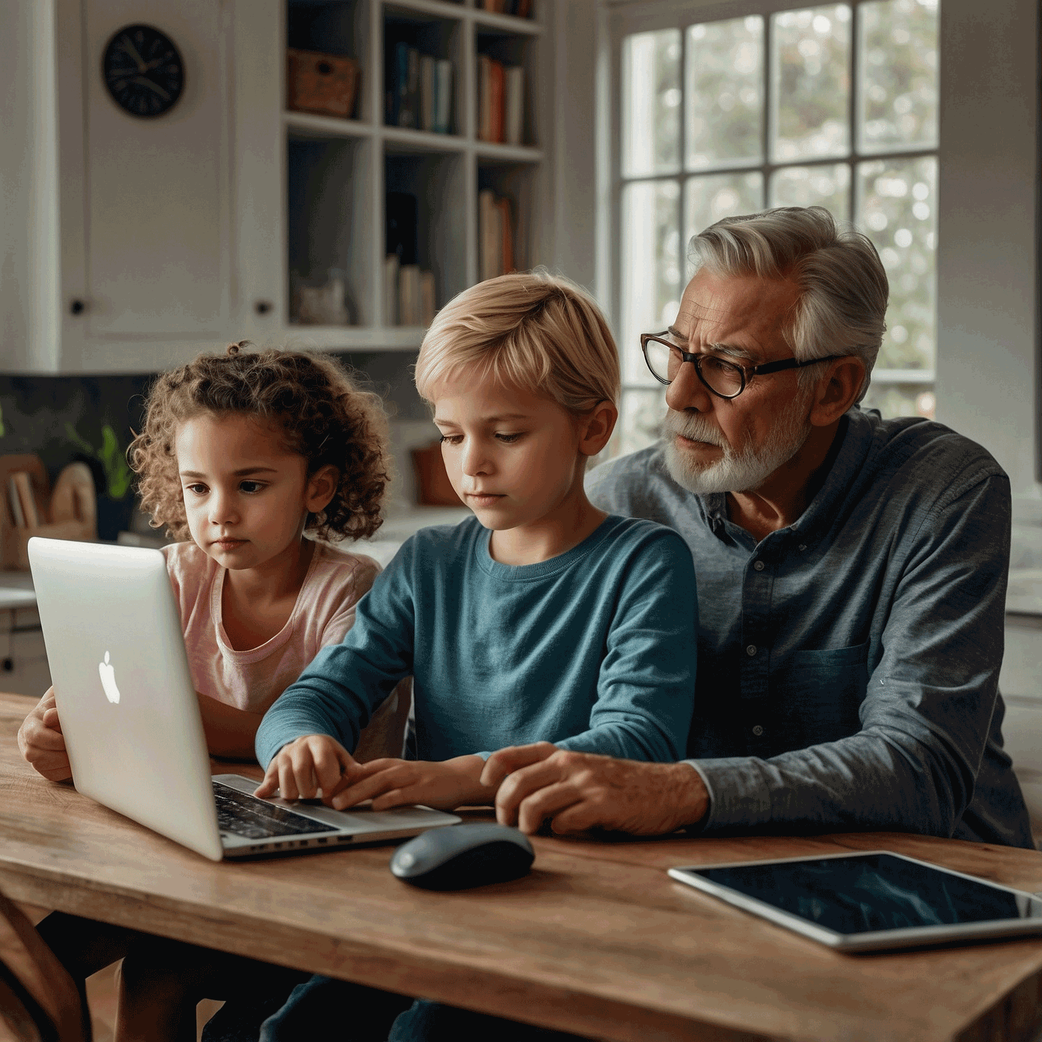 A man and two children are sitting at a table using a laptop computer.