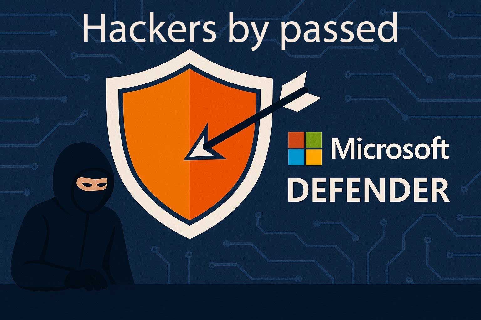 A hacker with a hood and a shield with an arrow passing through, text 