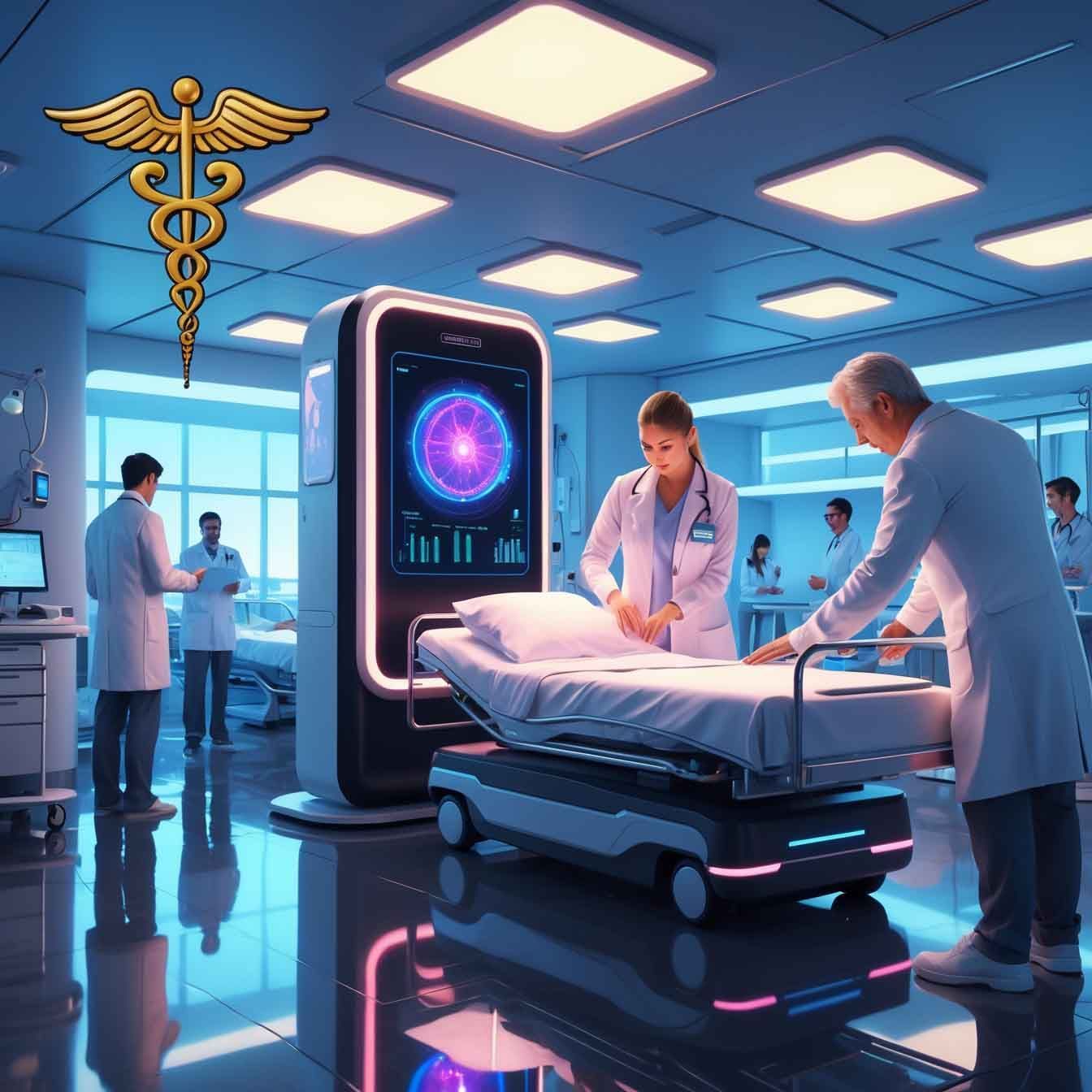 A caduceus symbol is on the ceiling of a hospital room