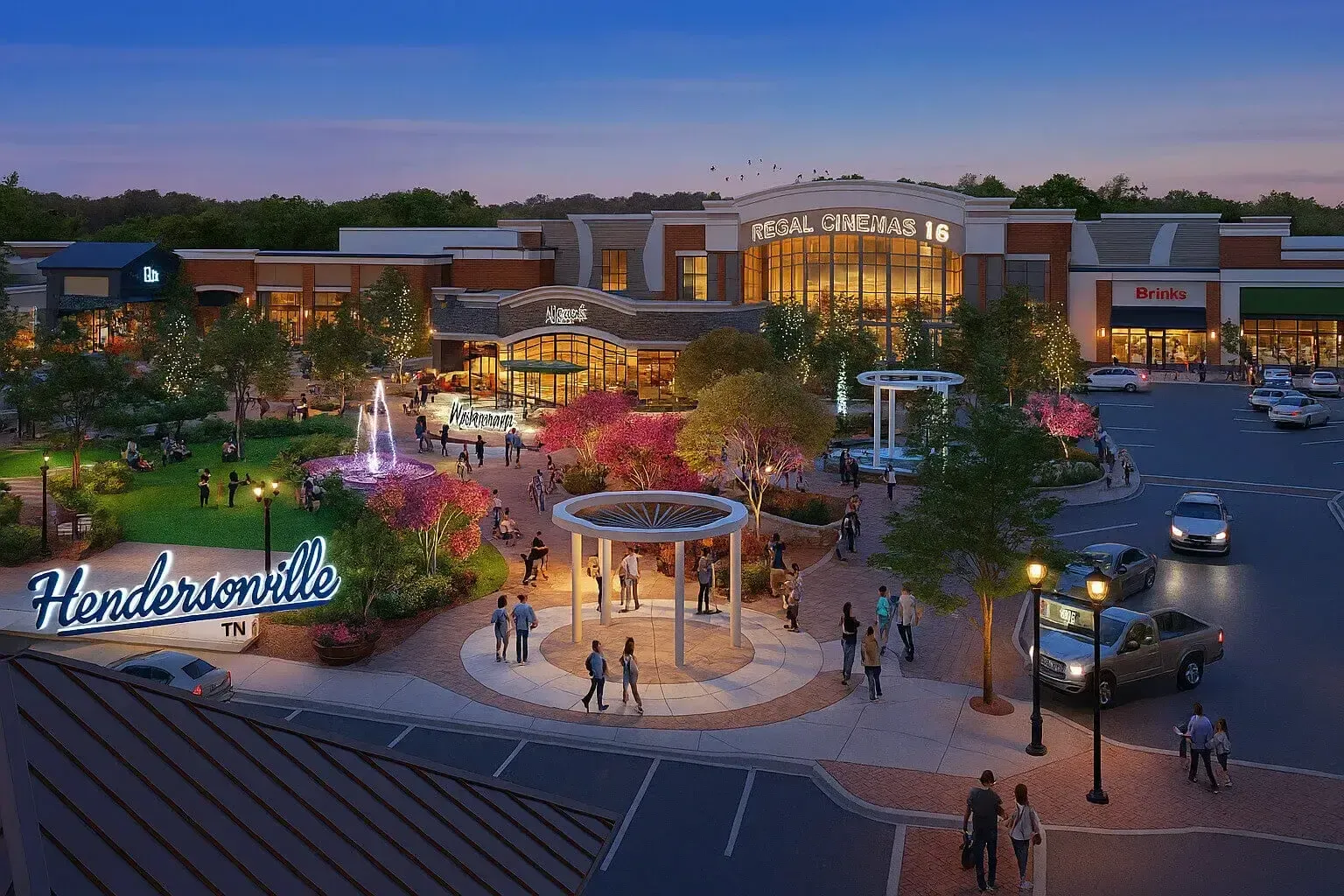 Rendering of a shopping center at dusk with fountain, gazebo, landscaping and the word 