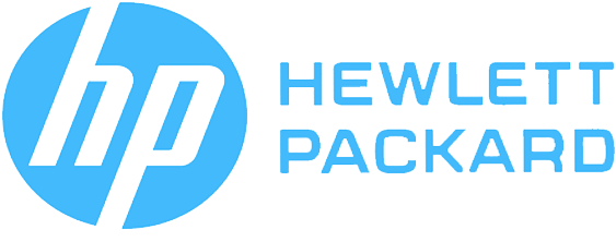 A blue and white logo for hewlett packard