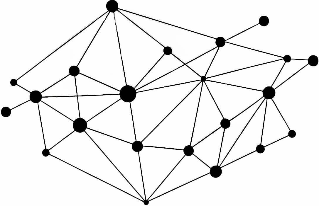 A black and white drawing of a network of lines and dots.