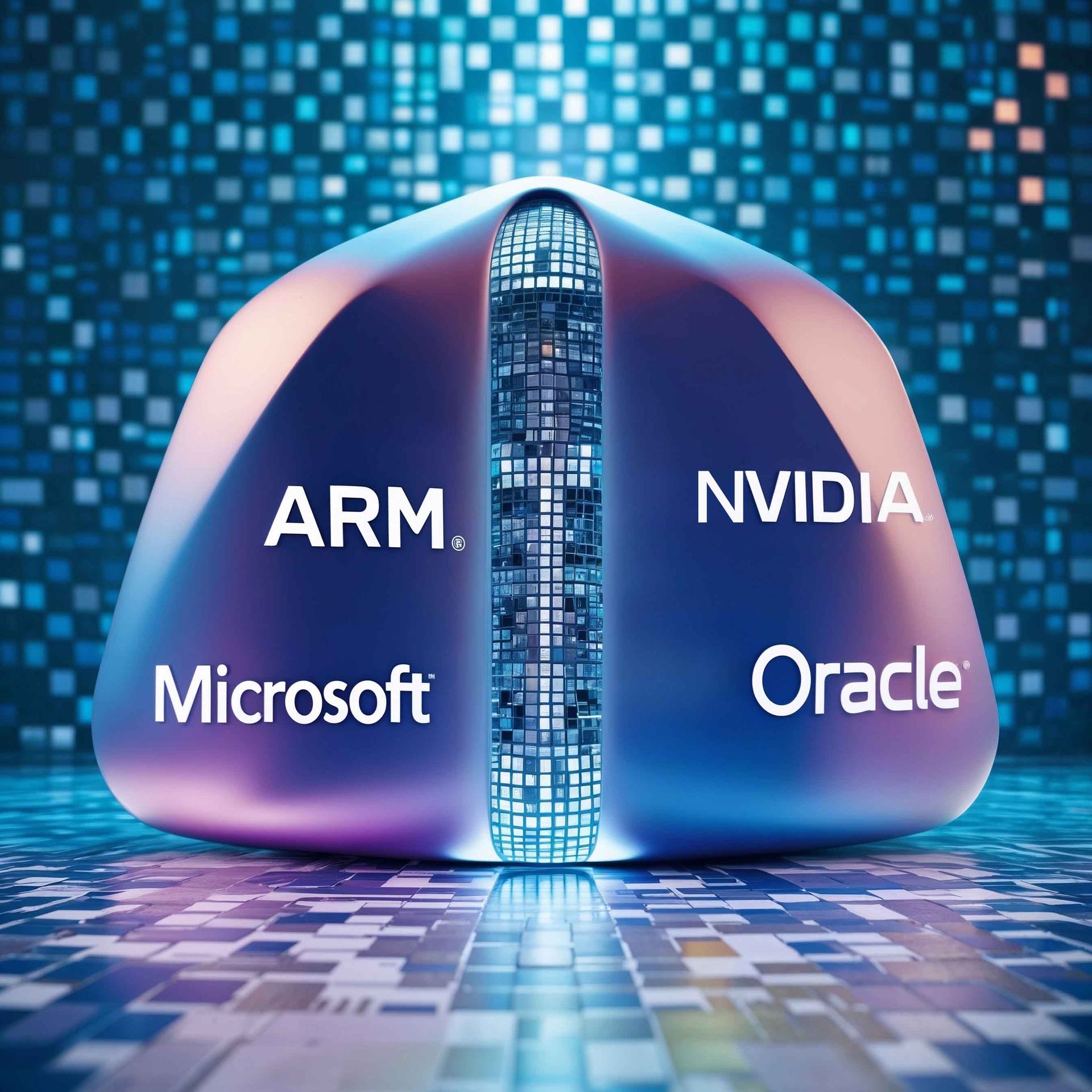 A blue object with the words arm nvidia microsoft and oracle on it
