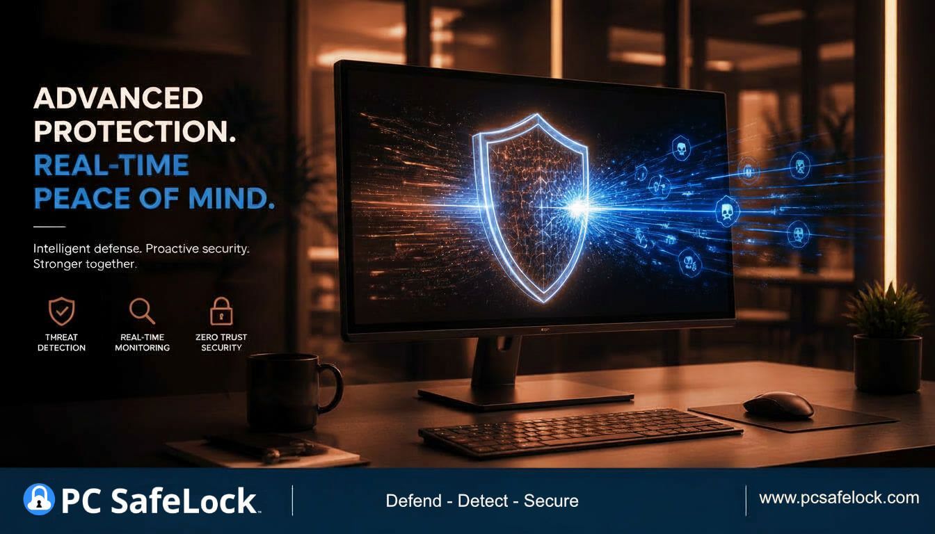 PC SafeLock ad with glowing shield on monitor in a dark office, promoting advanced real-time protection.