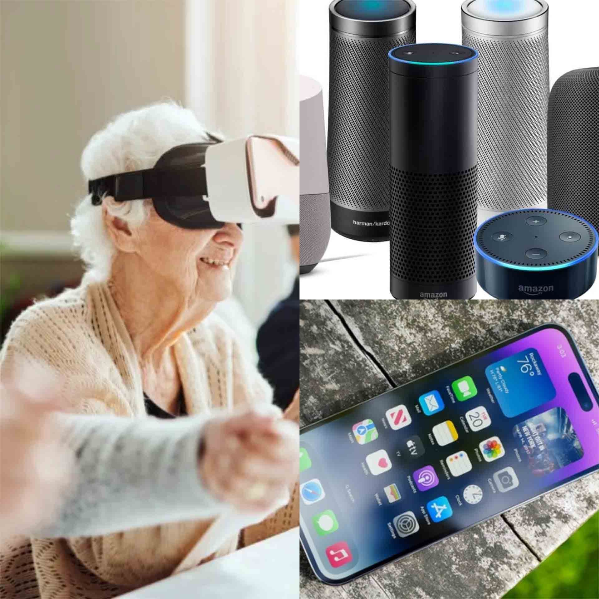 An elderly woman wearing a virtual reality headset and a smart phone.