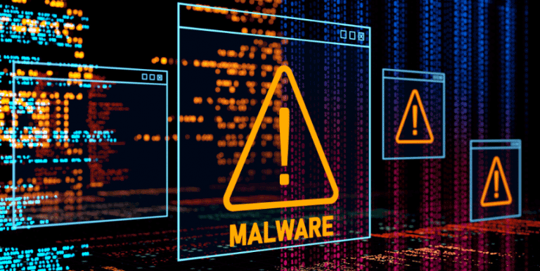 A computer screen with a warning sign that says malware