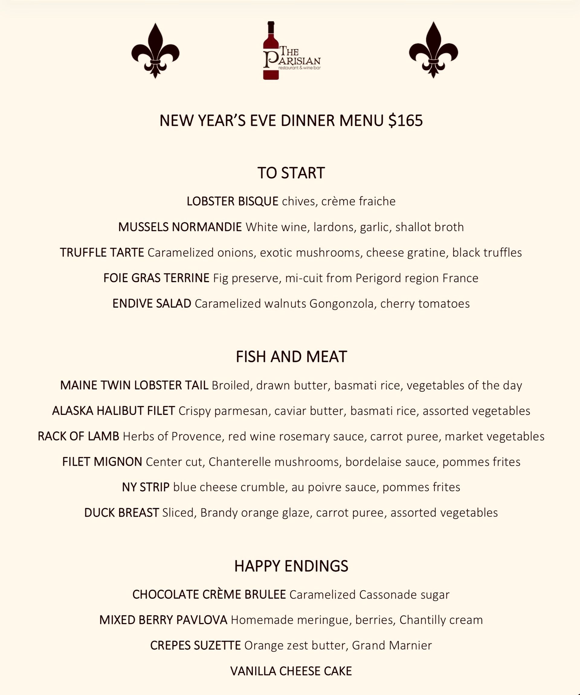 New Year's Eve dinner menu, featuring appetizer, fish/meat, and dessert courses.