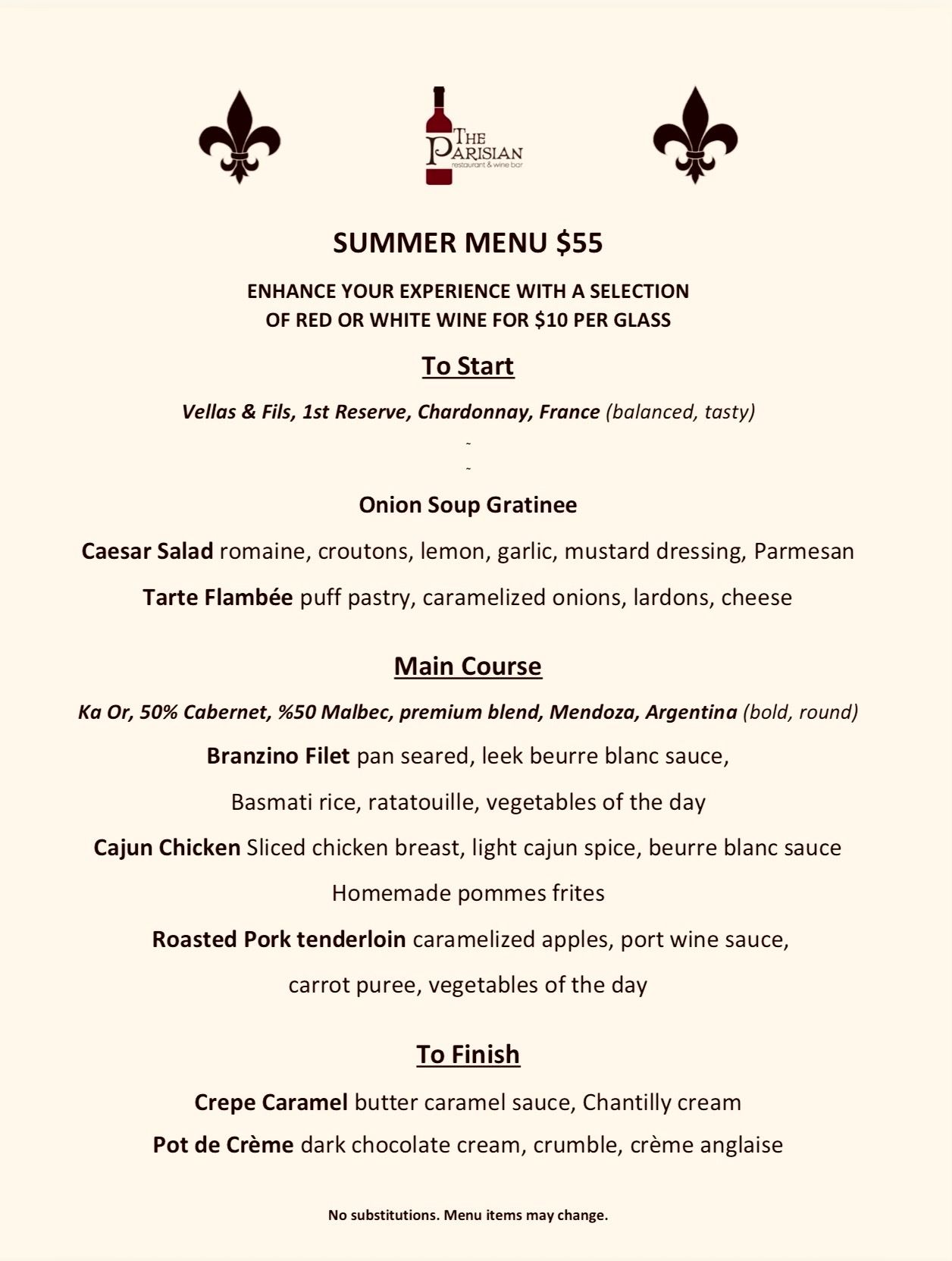image of summer menu with black writing on tan background