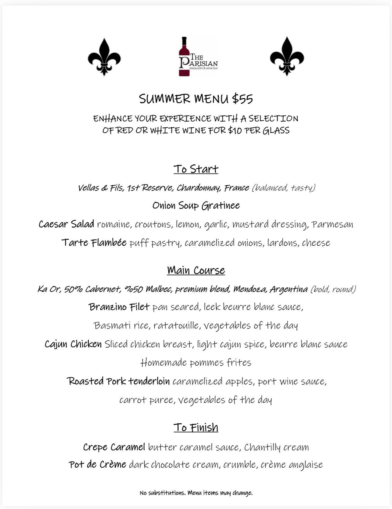 image of summer menu with black writing on tan background