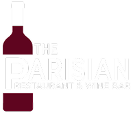 Logo for The Parisian Restaurant & Wine Bar featuring a wine bottle shape and text.
