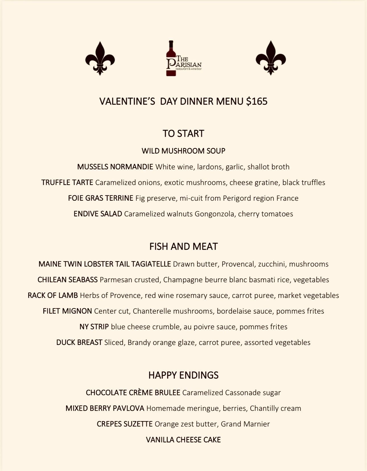 New Year's Eve dinner menu, featuring appetizer, fish/meat, and dessert courses.