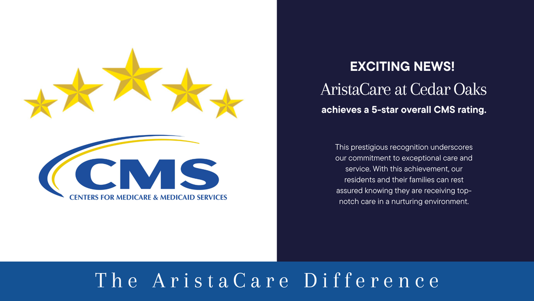 AristaCare at Cedar Oaks news: CMS 5-star rating with logo and gold stars on navy blue background.