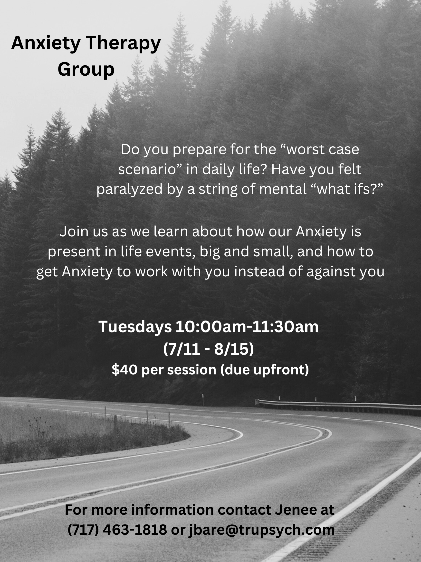 A black and white poster for anxiety therapy group