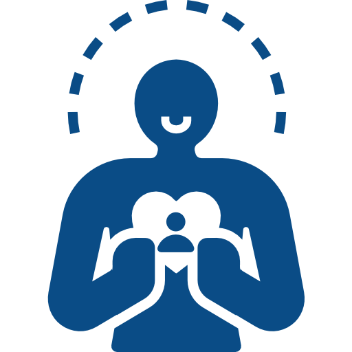 A blue icon of a person holding a heart in their hands.