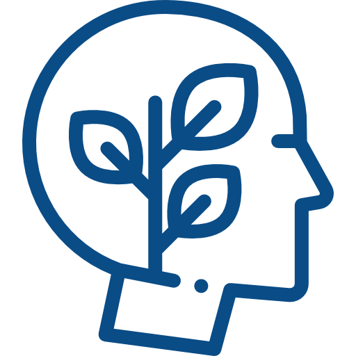 A blue icon of a person 's head with leaves growing out of it.