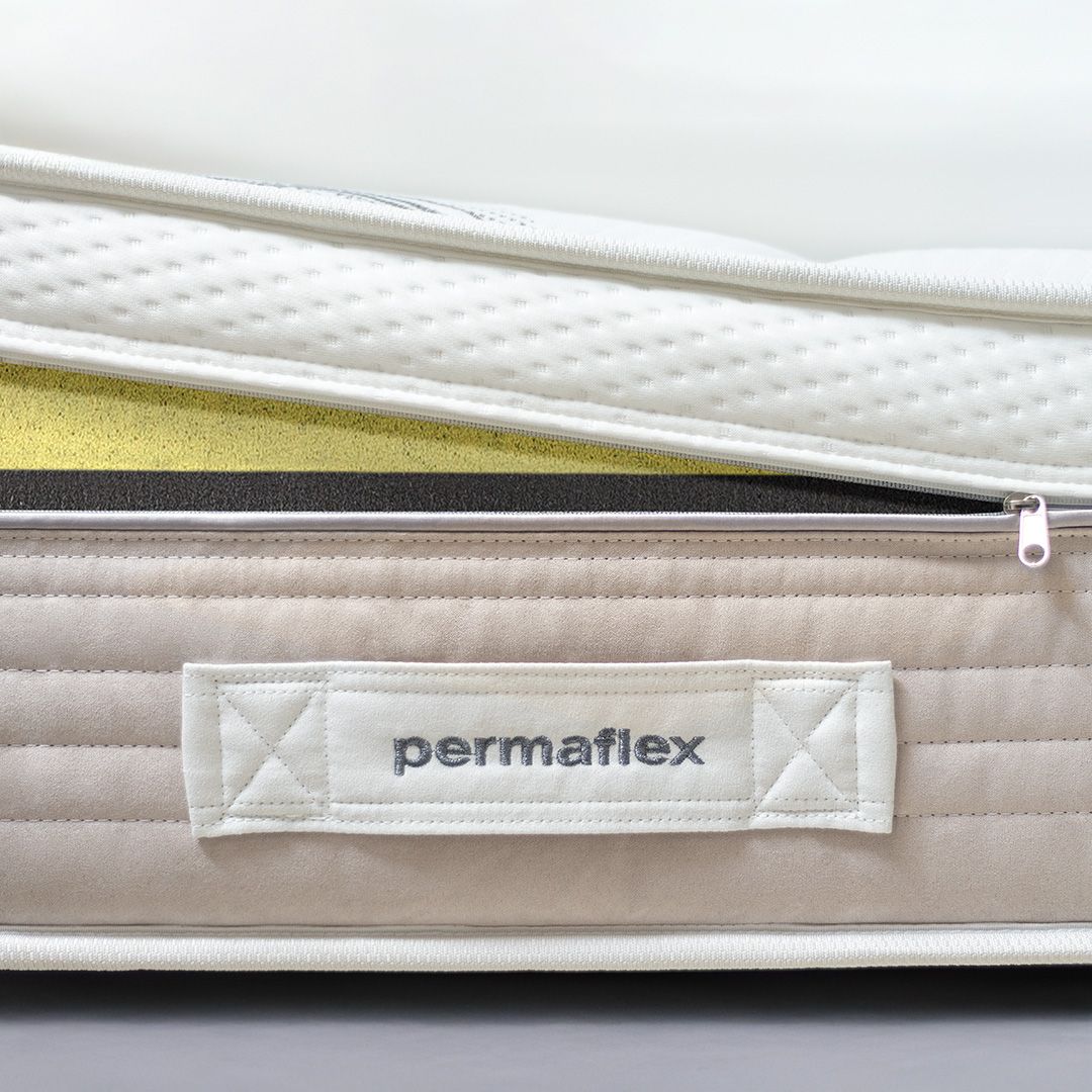 Primo piano di un materasso Permaflex con una cerniera che rivela gli strati interni di materiali bianchi e gialli.
