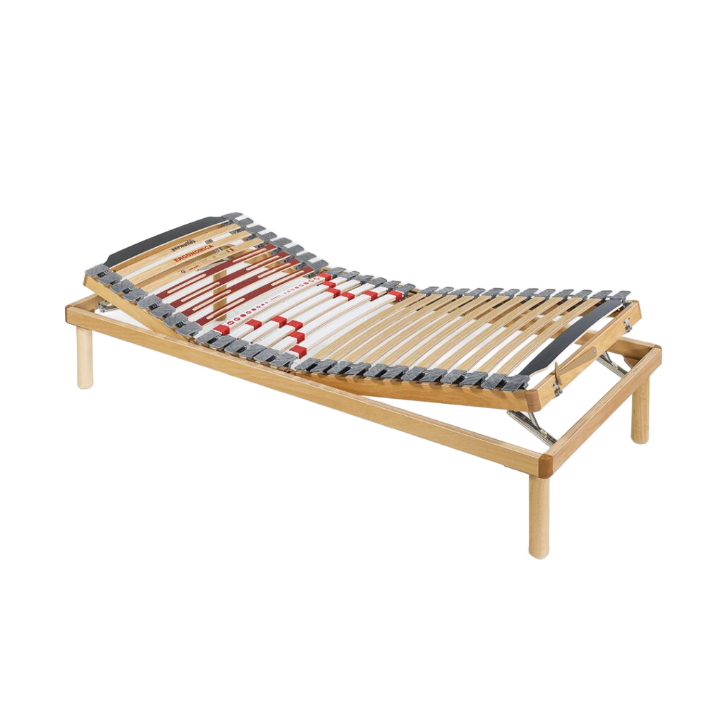 Struttura letto regolabile in legno con testiera rialzata.