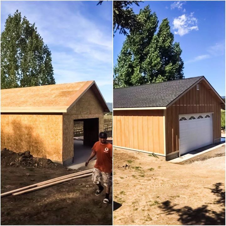 A man is standing in front of a garage that is being built