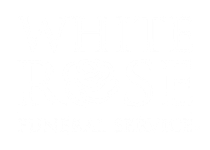 The logo for white rose funeral service has a rose on it.