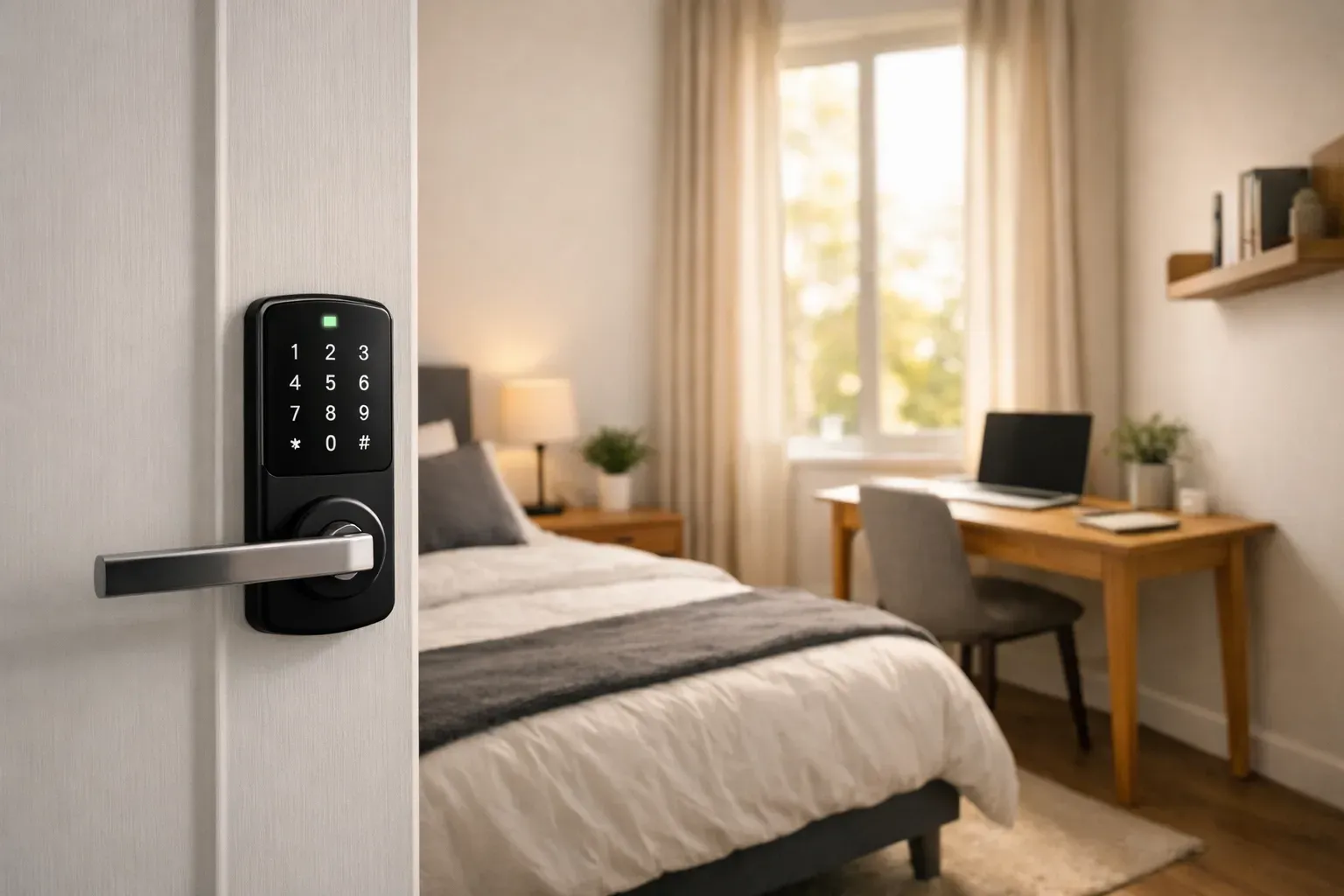 Smart lock on white door, opening to bedroom with bed, desk, and window.