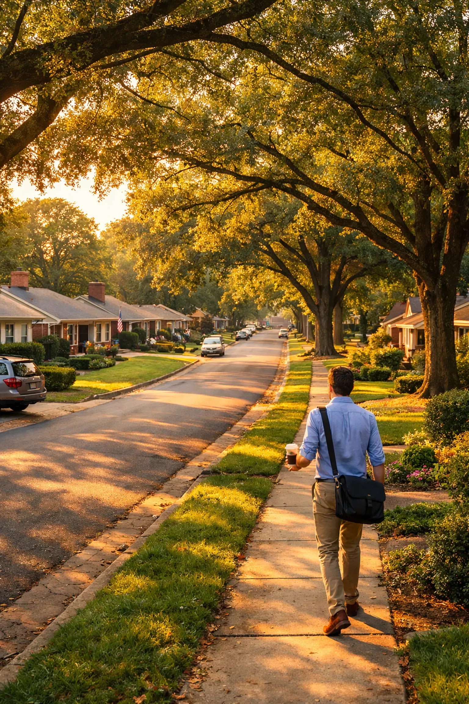 Man walks down a sunny suburban street, carrying a bag. Trees line the road, houses are visible.