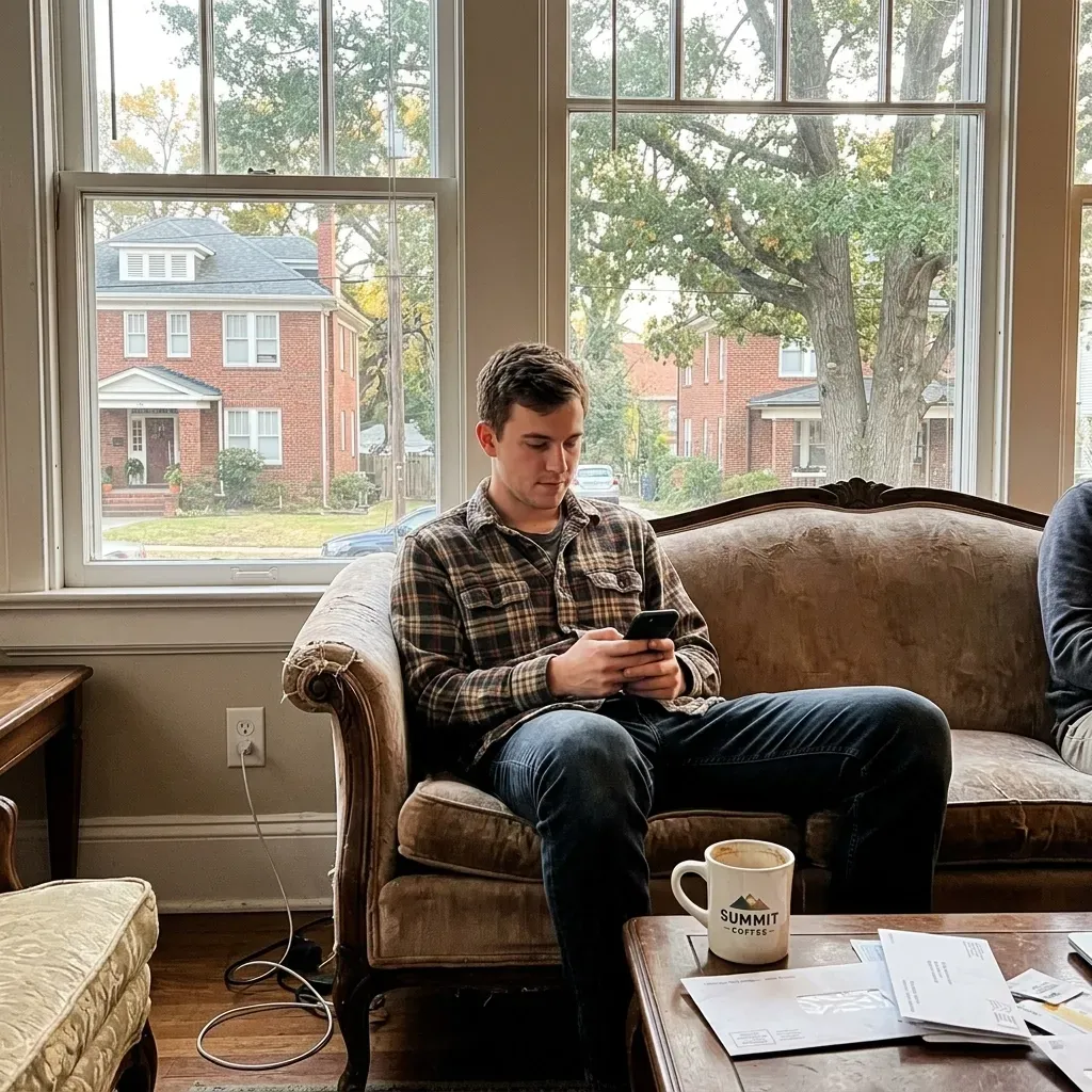 Person sitting on a couch, looking at a phone in a bright living room with large windows.