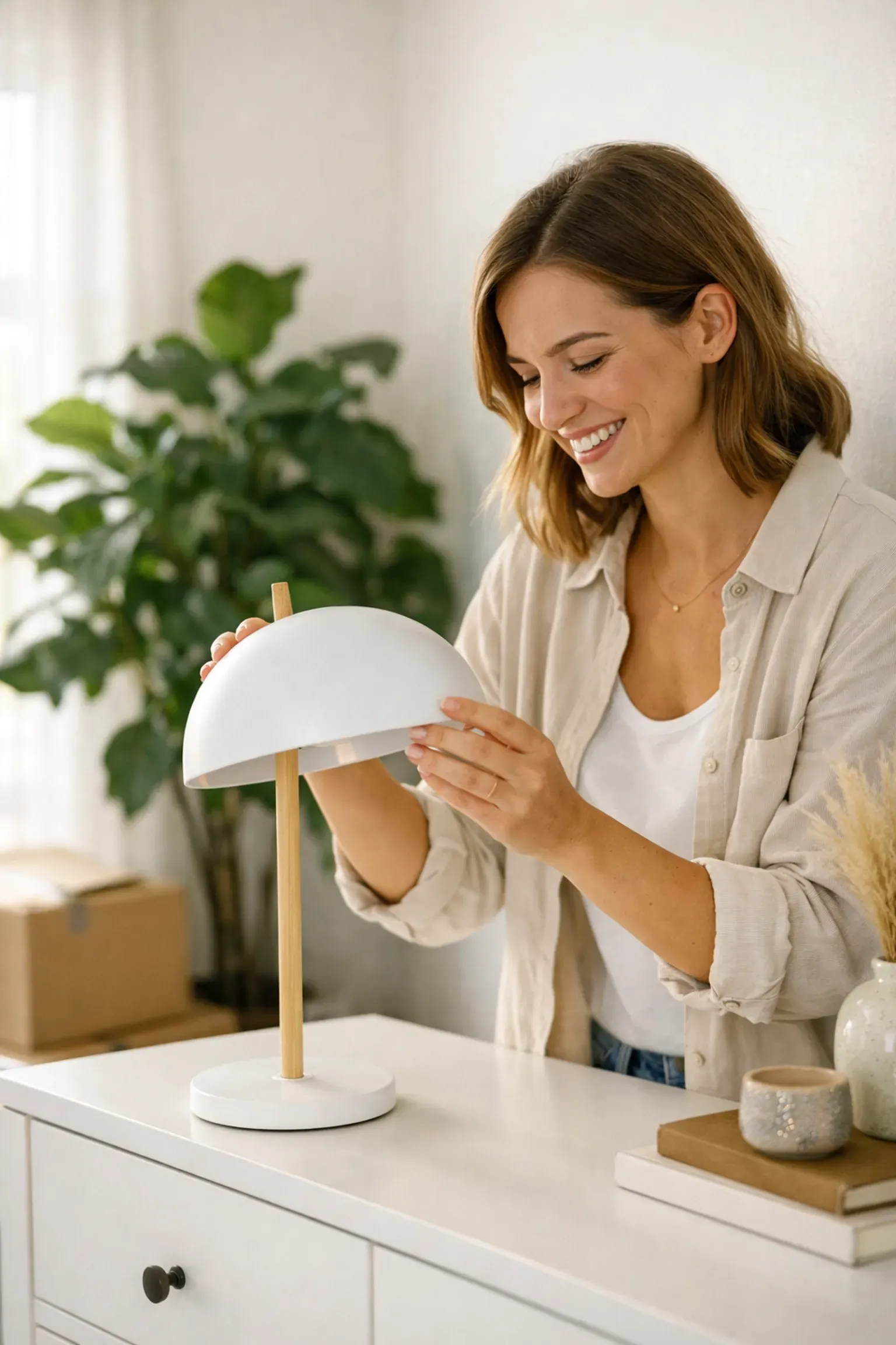 Woman assembling a white lamp on a white dresser, smiling. A potted plant is visible in the background.