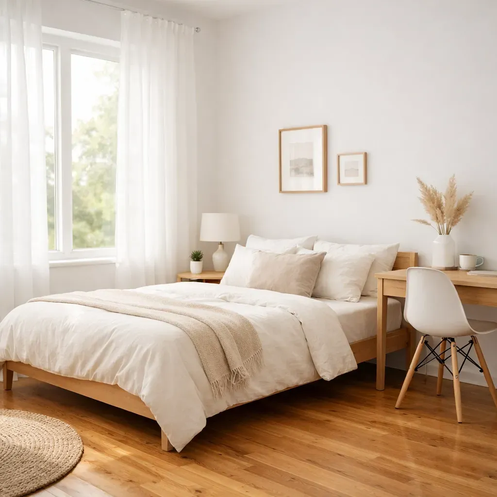 Bedroom with light wooden bed, desk, and flooring. White bedding, curtains, walls, and a round rug.