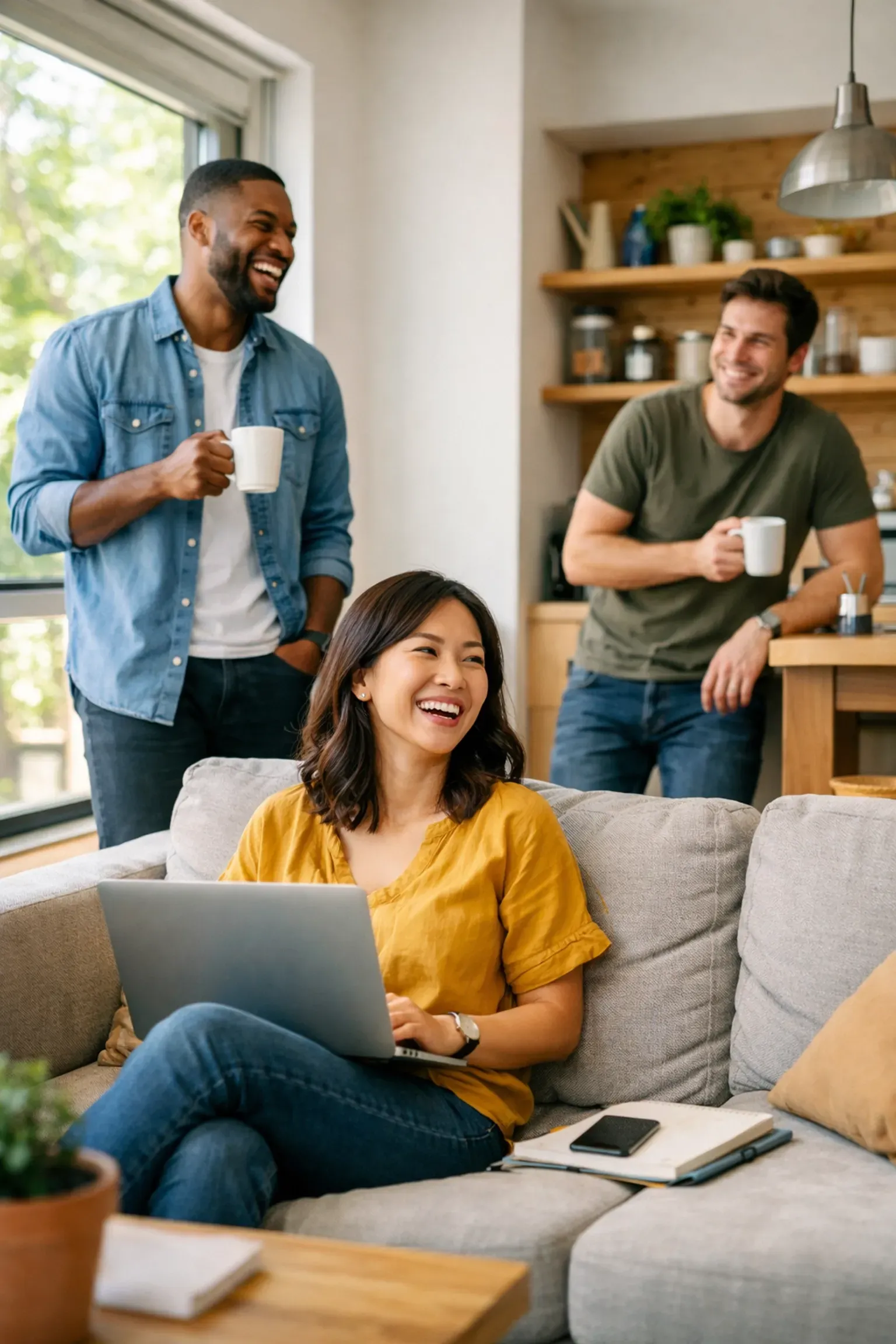 Three people laughing together in a living room, woman using a laptop on a couch, two men with mugs in the background.