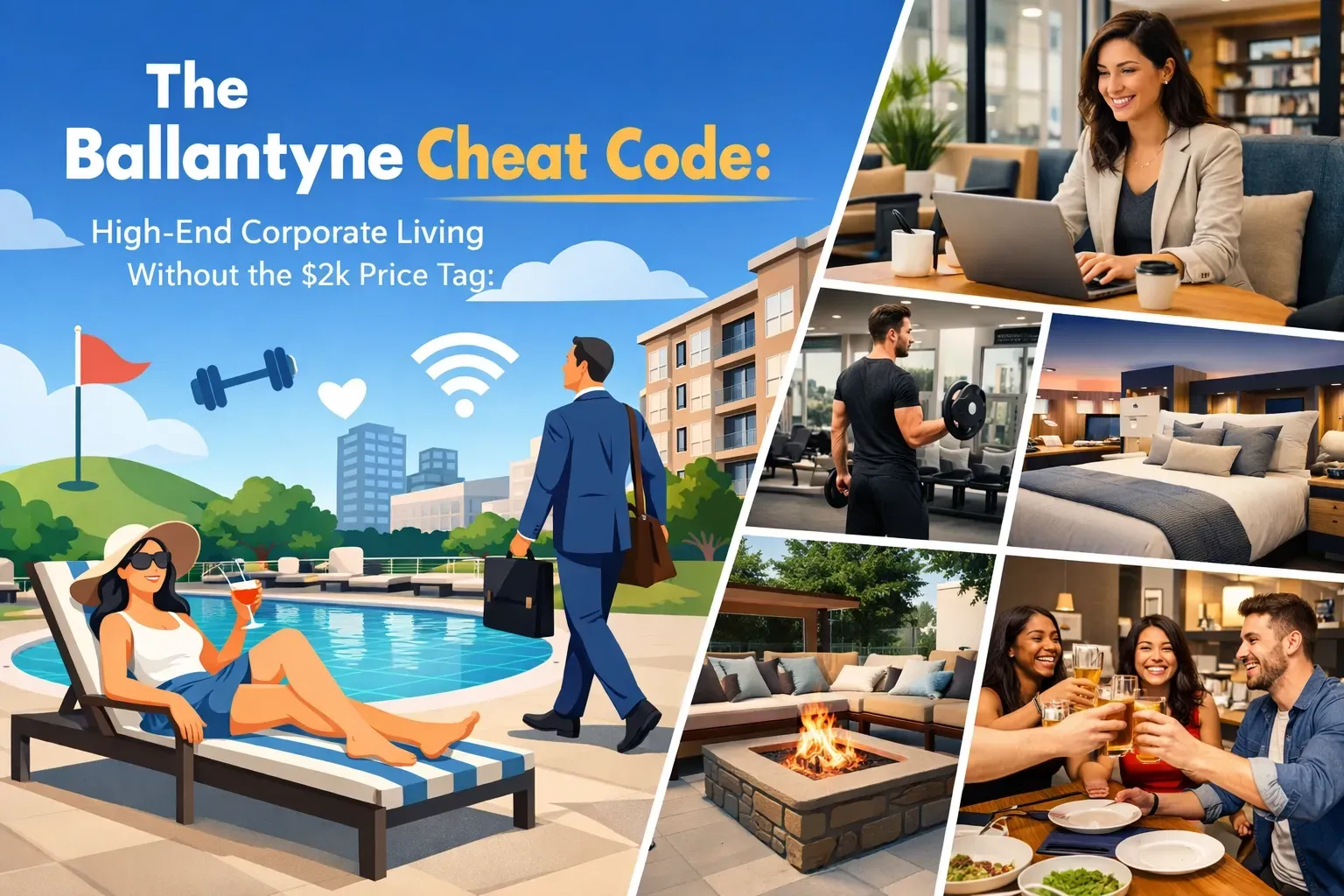 Advertisement for Ballantyne living: pool, gym, fire pit, dining, and workspace amenities highlighted. Text reads,