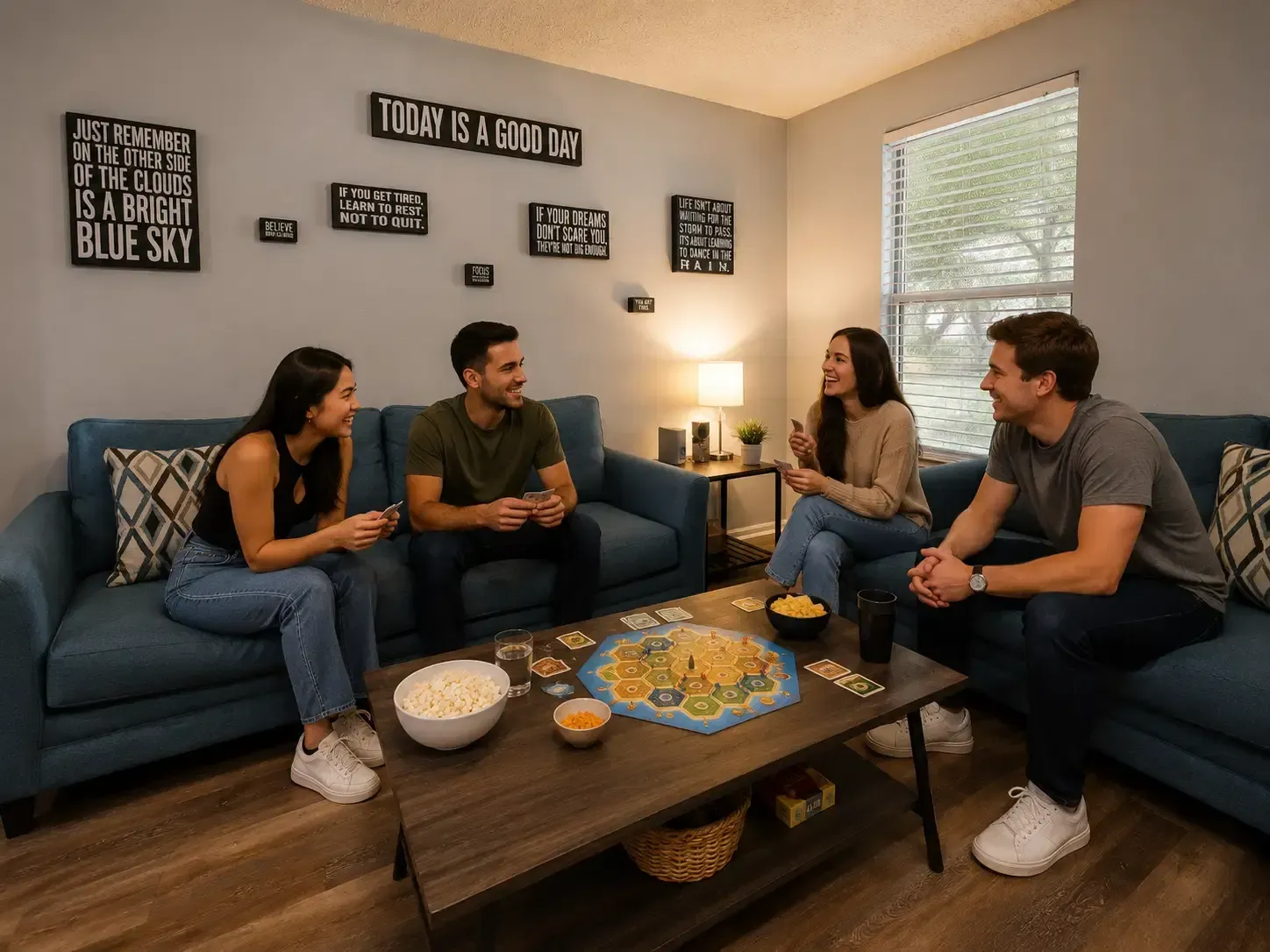 A group of focused young professionals enjoying a modern, sunlit common area in a shared home, illus